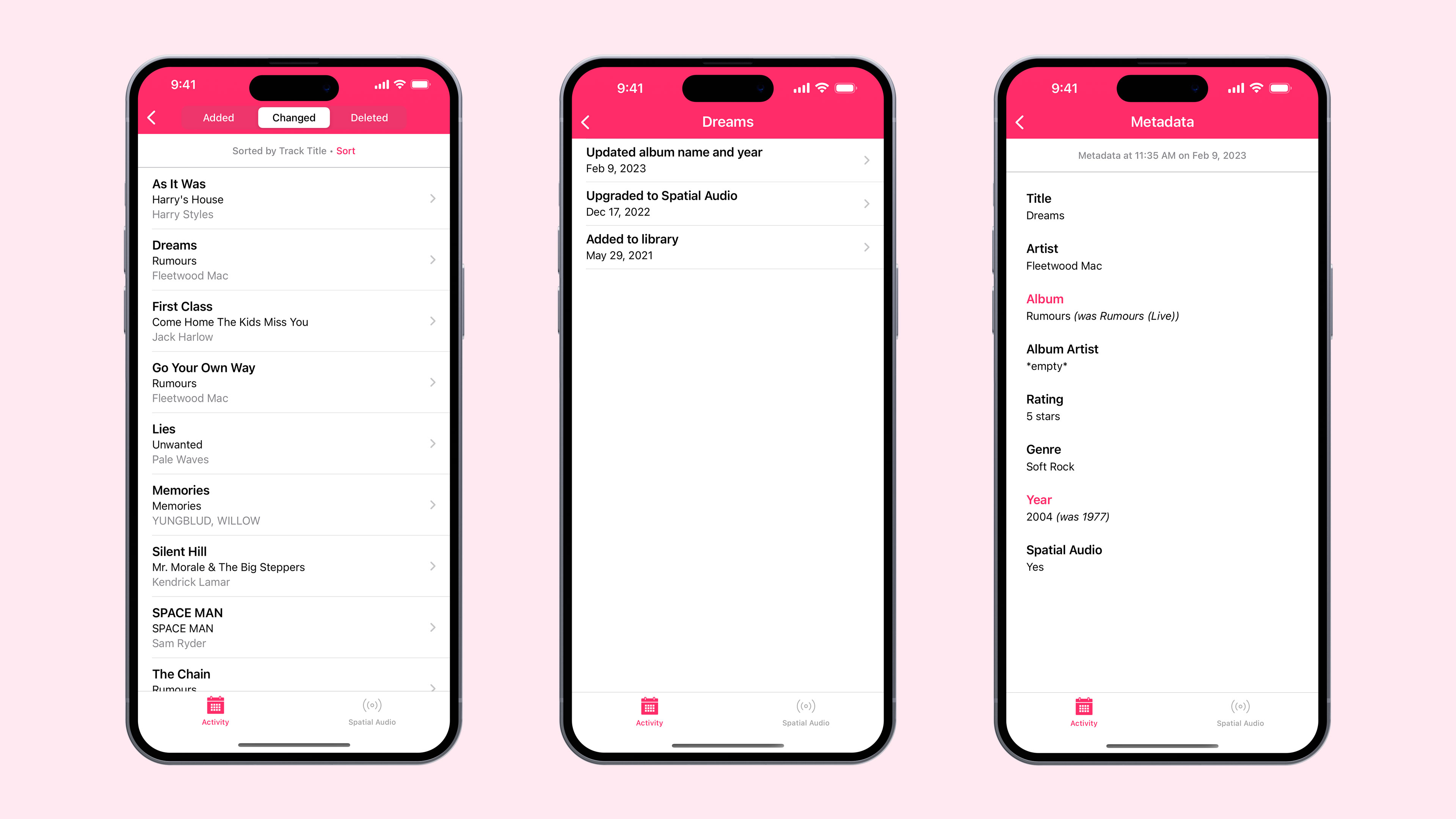 Three iPhone screens showing the flow of the app from viewing a list of tracks that have been changed to the specific metadata of a track.