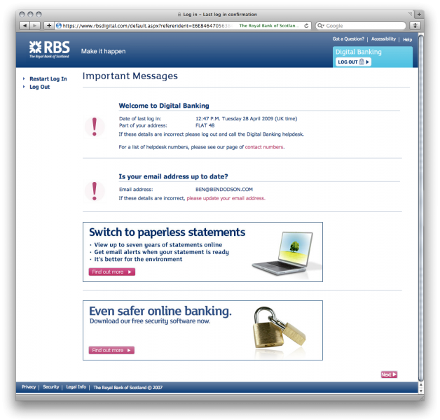 RBS Login: The confirmation page