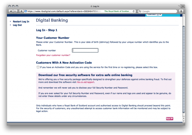 RBS Login: Entering your customer number