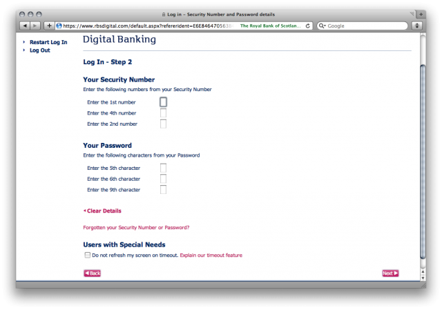 RBS Login: Entering security details