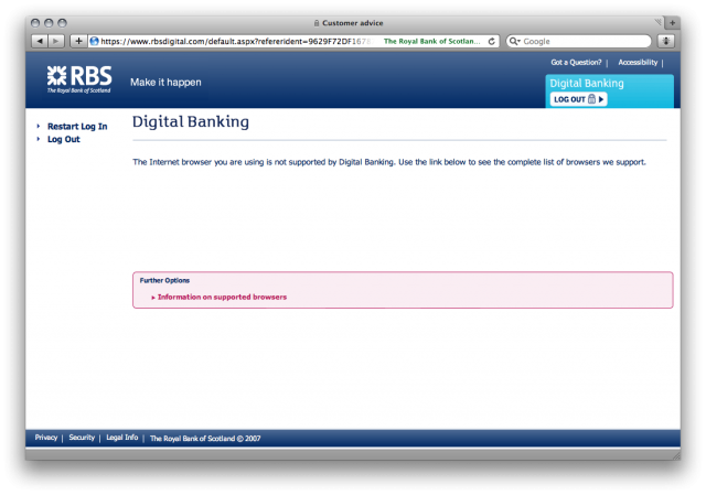 Unsupported browser on RBS Digital Banking