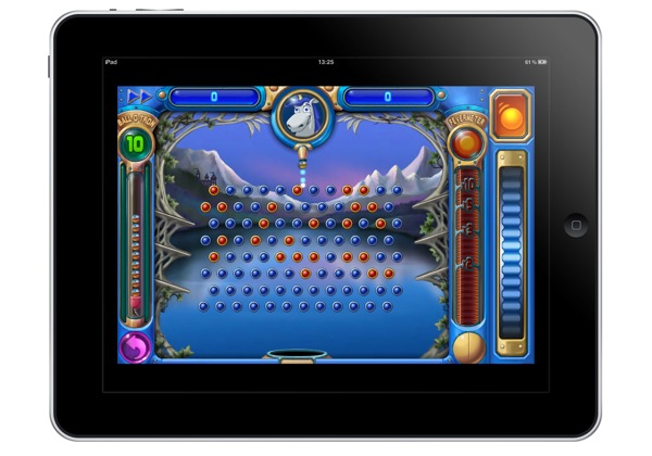 Mockup showing an iPad running Peggle at iPhone 4 Retina Display resolution