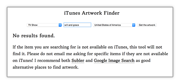 "No results found" on iTunes Artwork Finder