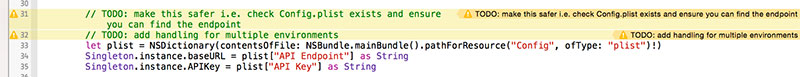 TODO warnings in an Xcode Swift project