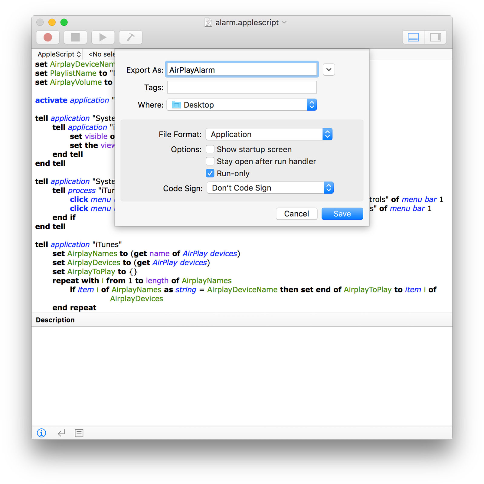 Export AppleScript as Application